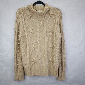 Cupcakes & Cashmere Turtleneck Women's L Cable Knit Sweater Oatmeal Fisherman